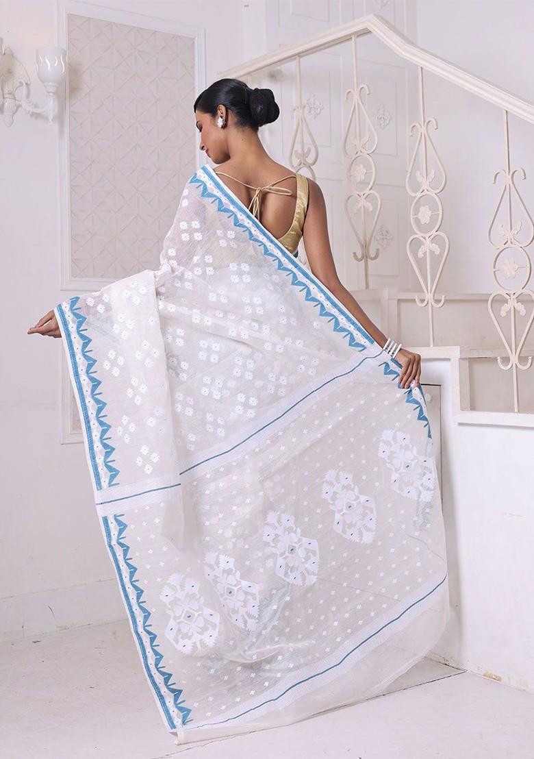 Off White Ethnic Motifs Cotton Jamdani Saree Set