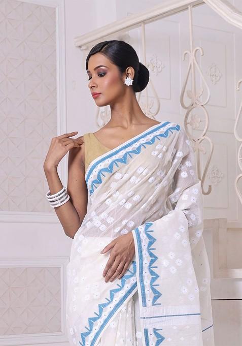 Off White Ethnic Motifs Cotton Jamdani Saree Set