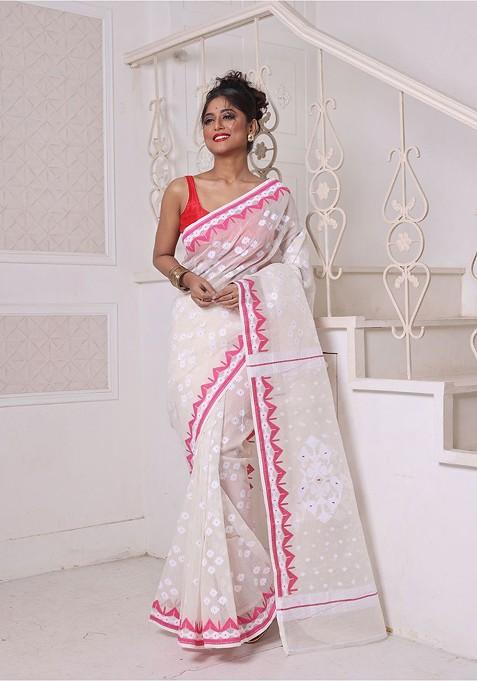 Off White Ethnic Motifs Cotton Jamdani Saree Set