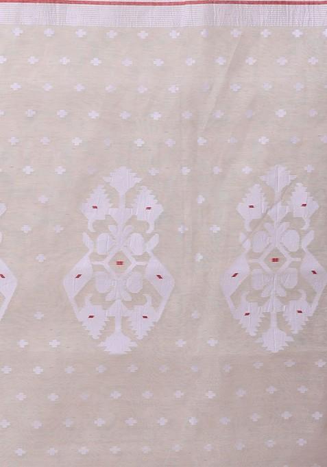 Off White Ethnic Motifs Cotton Jamdani Saree Set