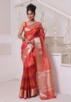 Red Zari Tissue Saree Set