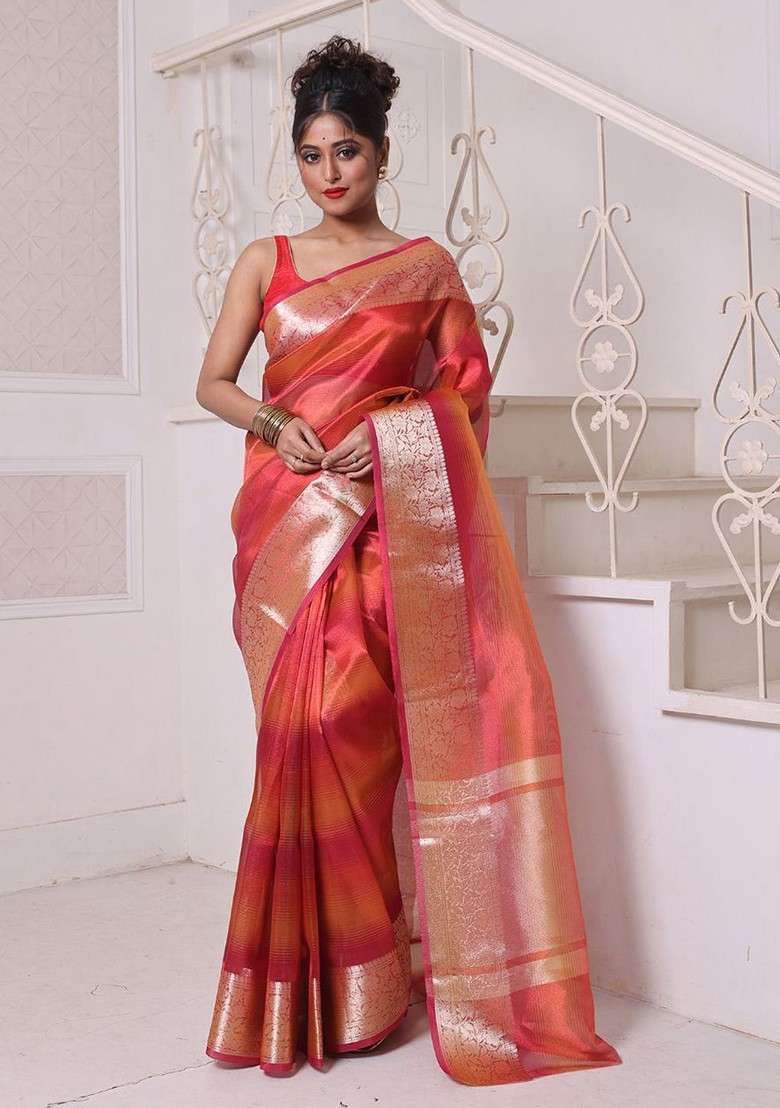 Red Zari Tissue Saree Set for Diwali | Wedding & Festive Wear - Indya