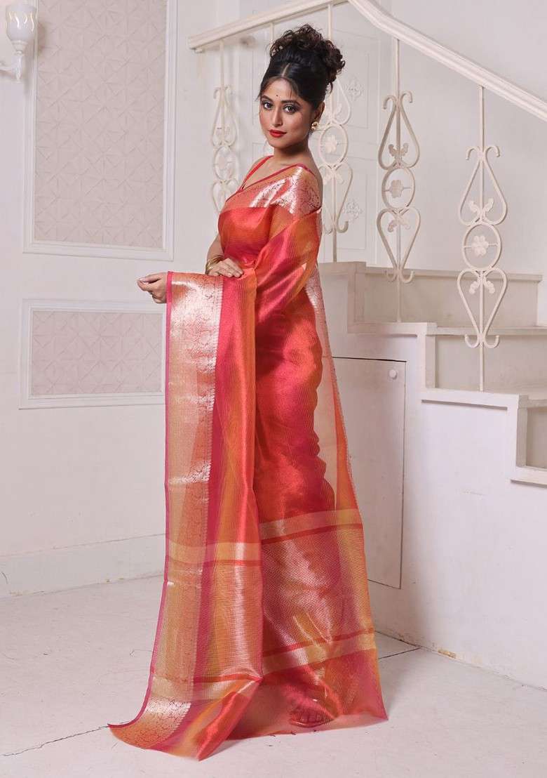 Red Zari Tissue Saree Set for Diwali | Wedding & Festive Wear - Indya