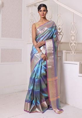 Teal Blue Zari Tissue Saree Set
