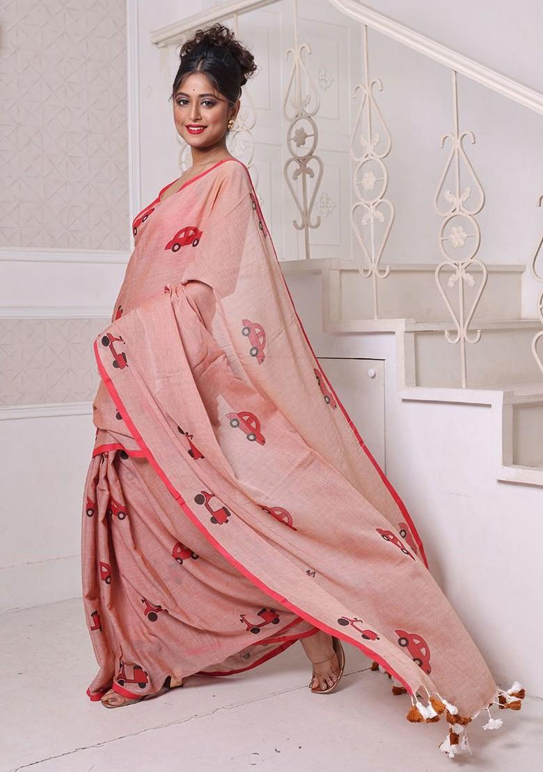 Peach Printed Mulmul Cotton Saree Set