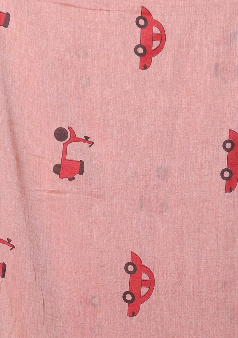 Peach Printed Mulmul Cotton Saree Set