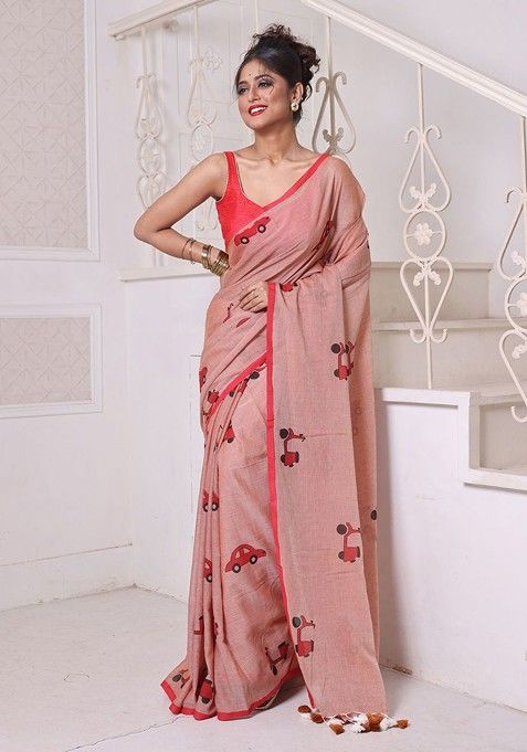 Peach Printed Mulmul Cotton Saree Set