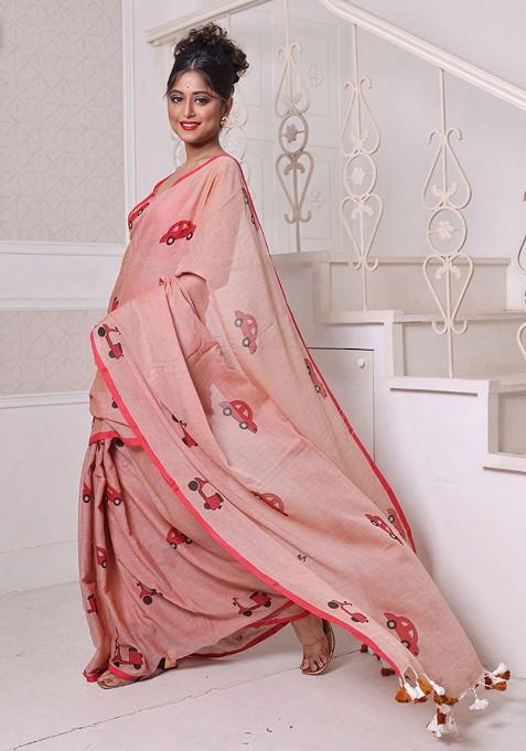 Peach Printed Mulmul Cotton Saree Set