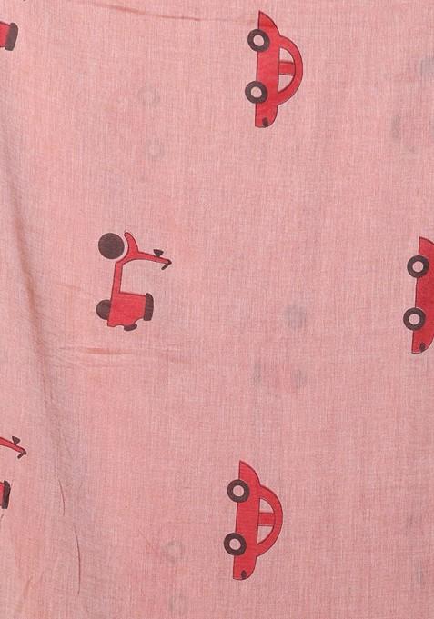 Peach Printed Mulmul Cotton Saree Set