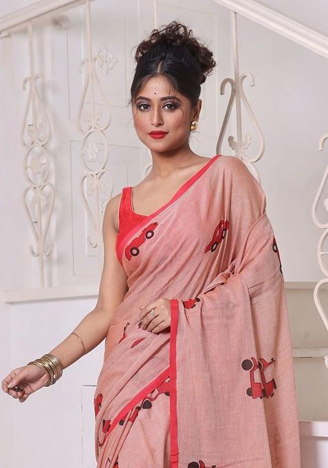 Peach Printed Mulmul Cotton Saree Set