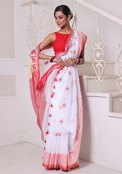 White Ethnic Motifs Cotton Saree Set