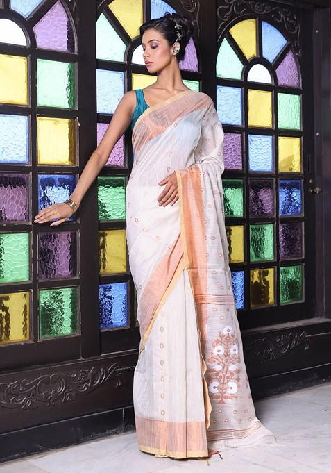 Beige Ethnic Motifs Cotton Blend Saree Set