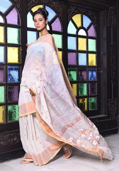 Beige Ethnic Motifs Cotton Blend Saree Set