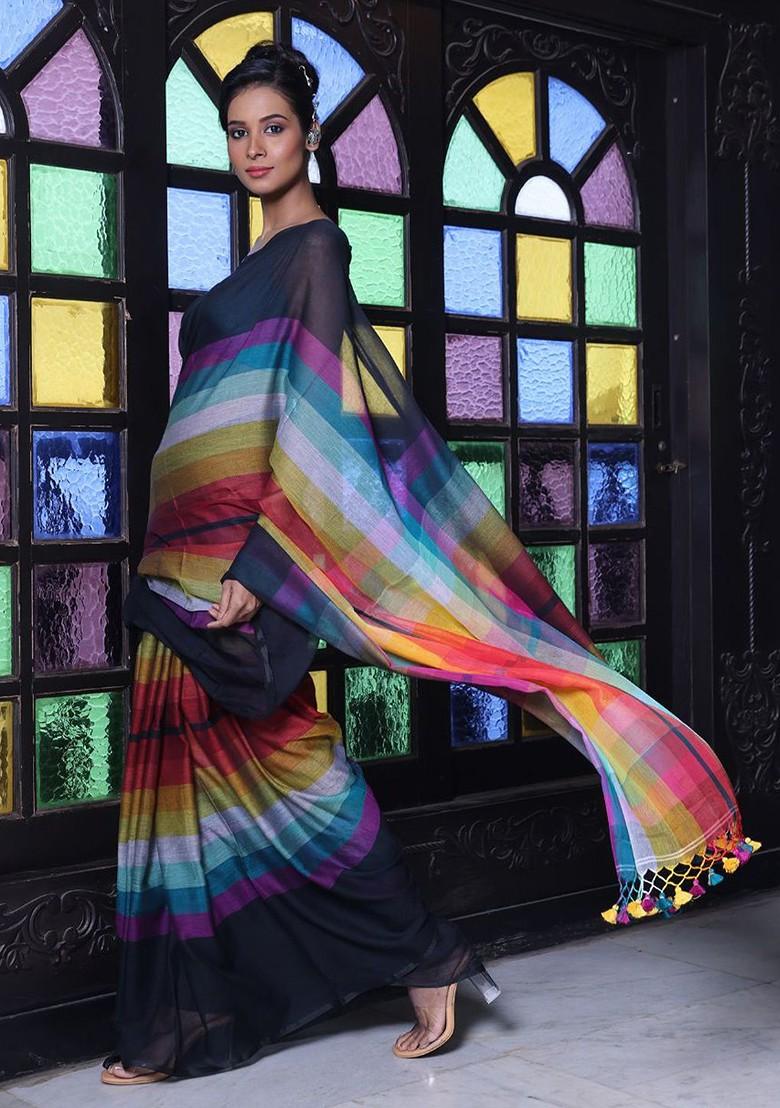 Black Printed Mulmul Cotton Saree Set