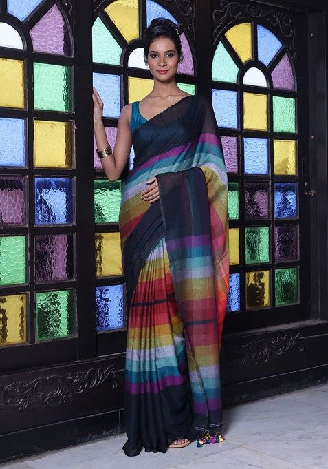 Black Printed Mulmul Cotton Saree Set