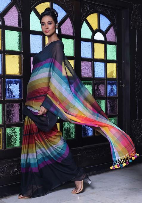 Black Printed Mulmul Cotton Saree Set