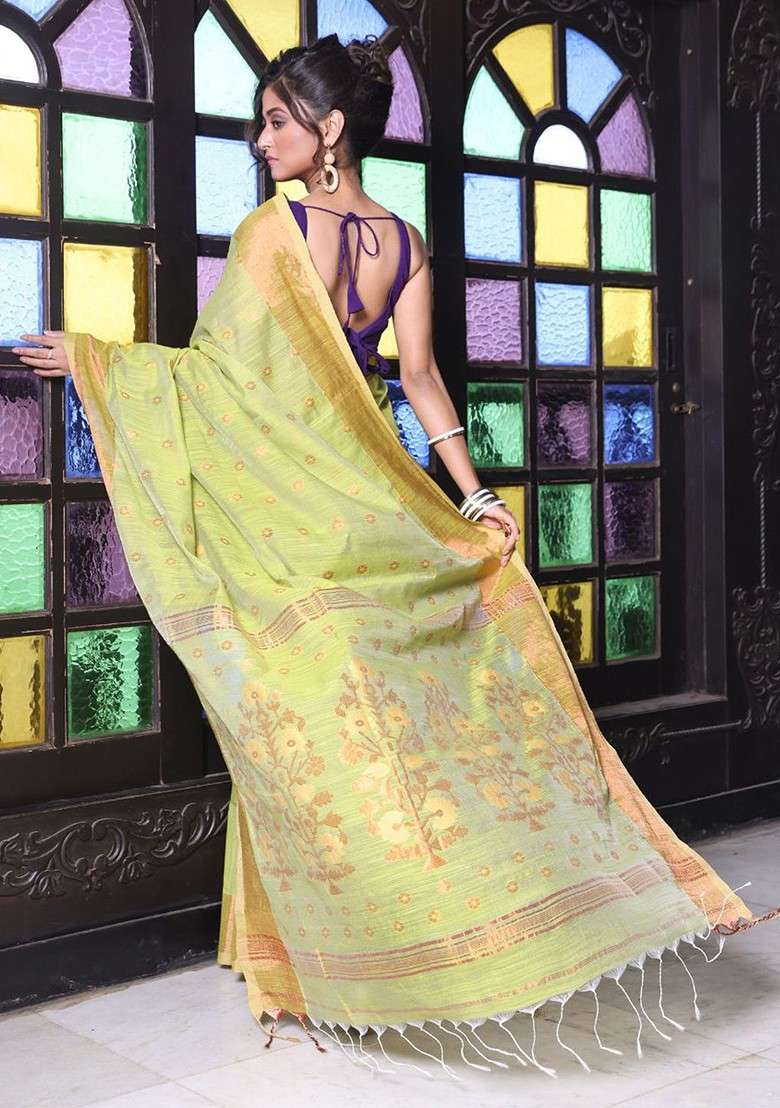 Green Woven Cotton Blend Saree Set for Diwali and Festive Wear - Indya