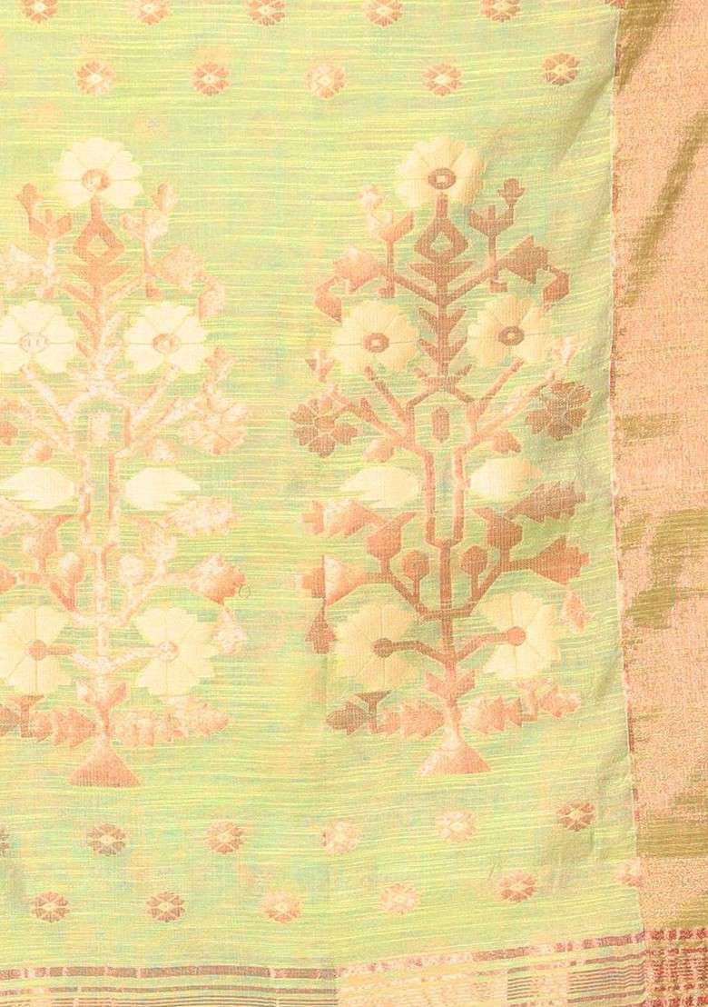 Green Woven Cotton Blend Saree Set for Diwali and Festive Wear - Indya