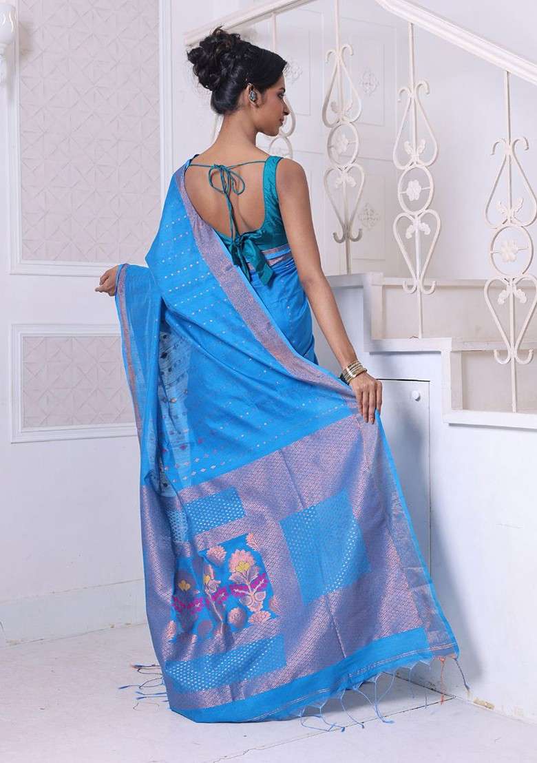Blue Ethnic Motifs Blend Cotton Saree Set for Diwali | Wedding & Festive Wear - Indya