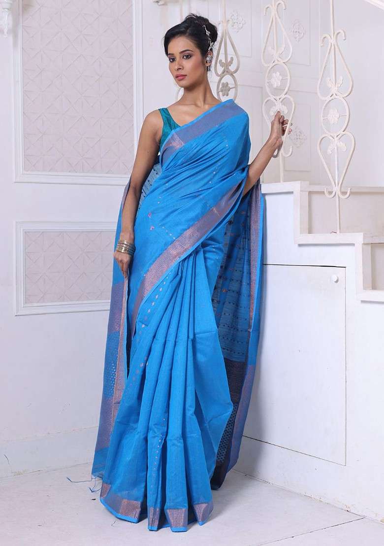 Blue Ethnic Motifs Blend Cotton Saree Set for Diwali | Wedding & Festive Wear - Indya
