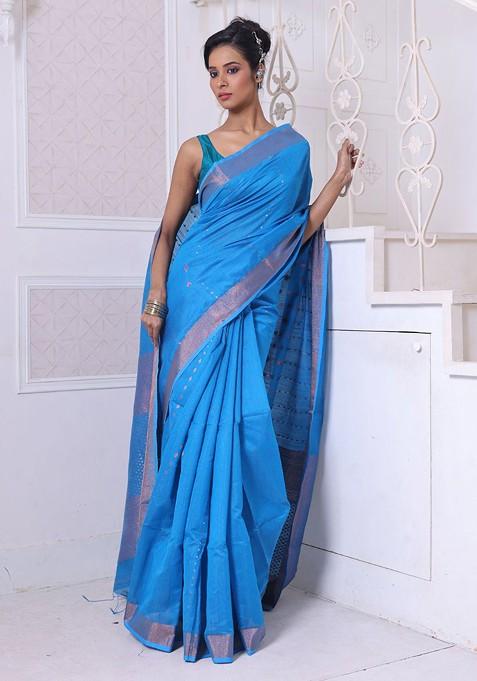 Blue Ethnic Motifs Cotton Blend Saree Set