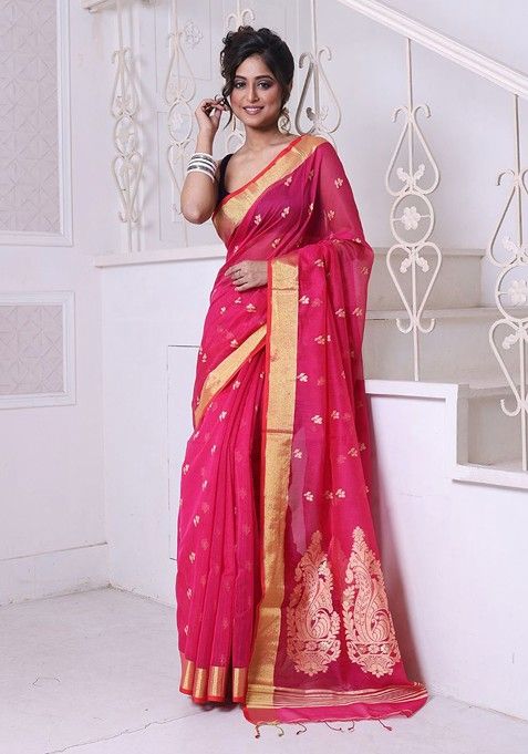 Pink Woven Cotton Blend Saree Set