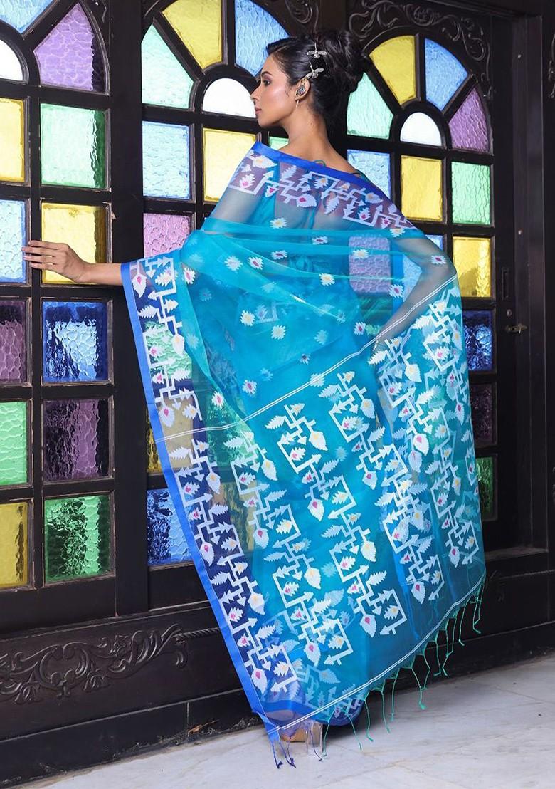 Turquoise Blue Ethnic Motifs Muslin Saree Set