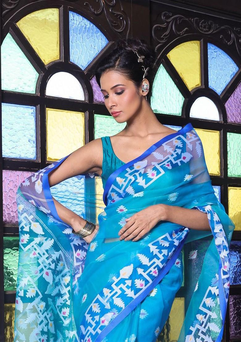 Turquoise Blue Ethnic Motifs Muslin Saree Set