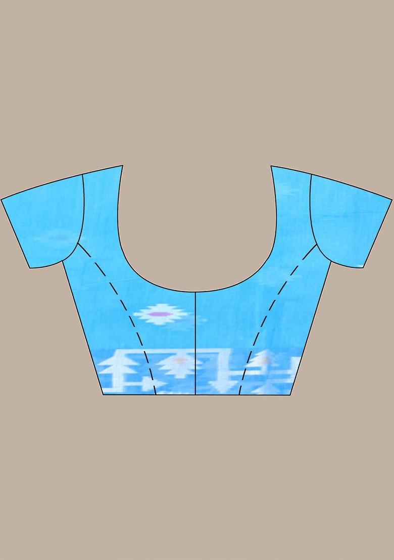 Turquoise Blue Ethnic Motifs Muslin Saree Set