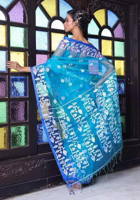 Turquoise Blue Ethnic Motifs Muslin Saree Set