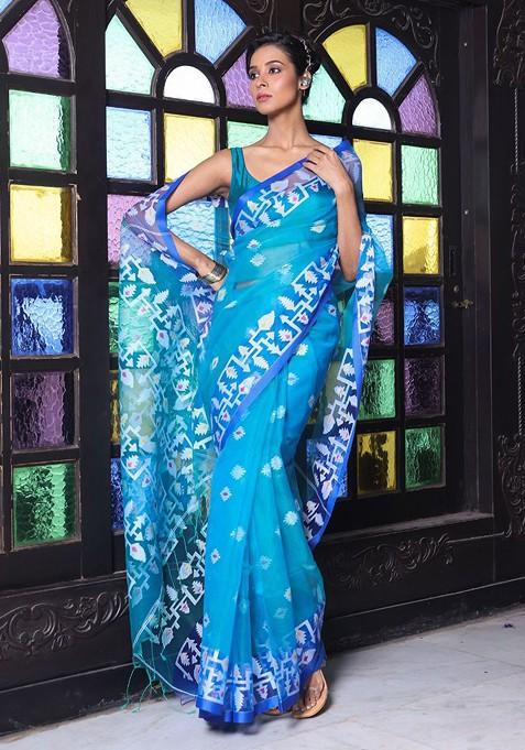 Turquoise Blue Ethnic Motifs Muslin Saree Set