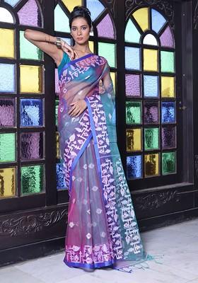 Grey Ethnic Motifs Muslin Saree Set