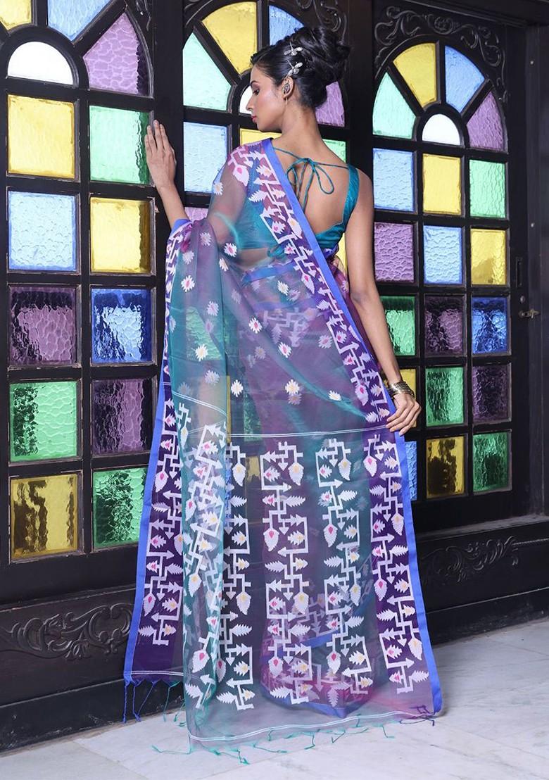 Grey Ethnic Motifs Muslin Saree Set