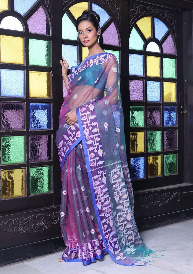 Grey Ethnic Motifs Muslin Saree Set