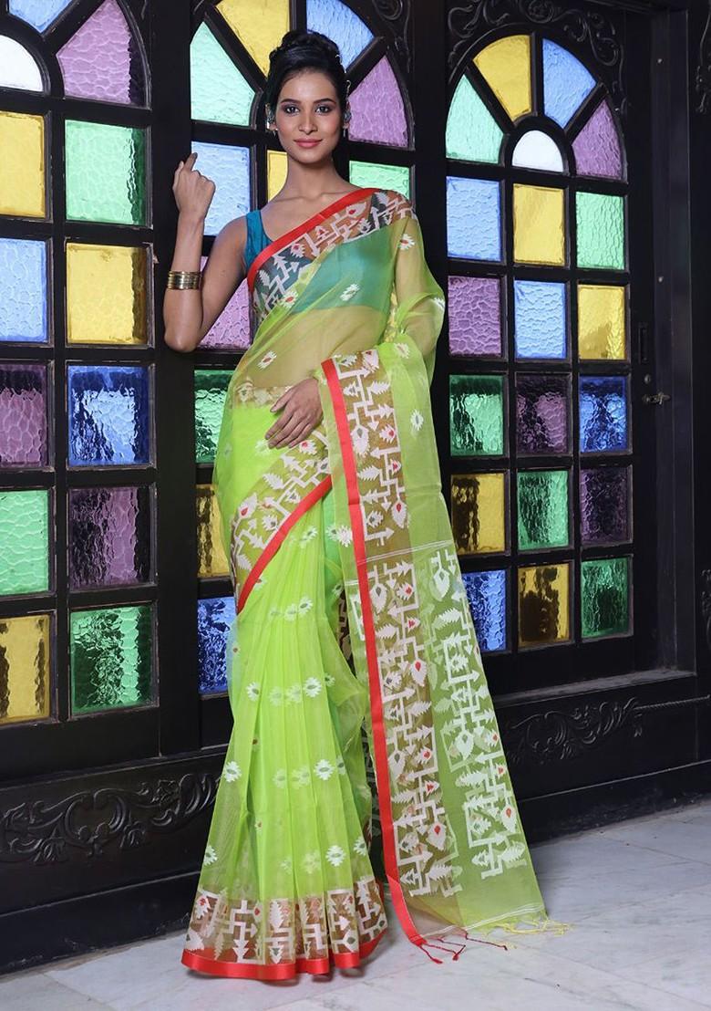 Green Ethnic Motifs Muslin Saree Set