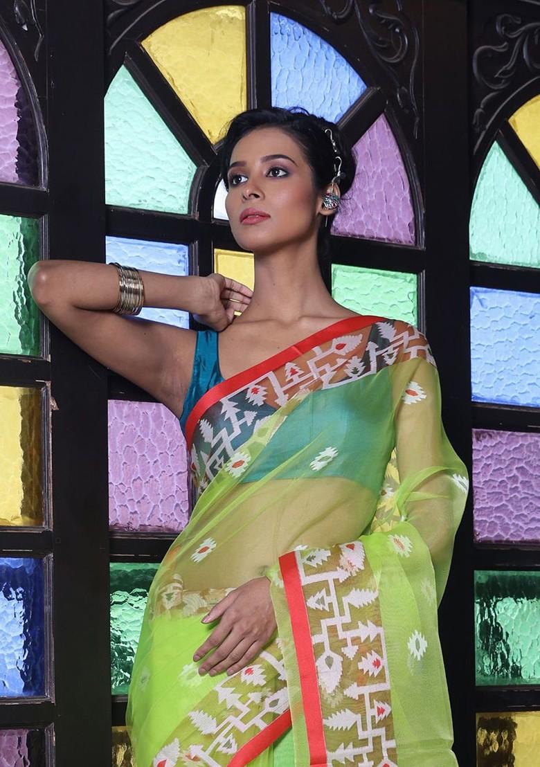 Green Ethnic Motifs Muslin Saree Set