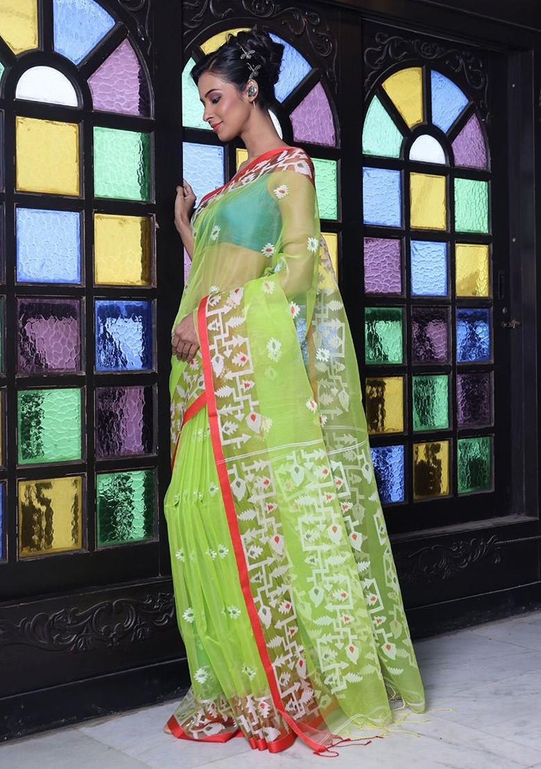 Green Ethnic Motifs Muslin Saree Set
