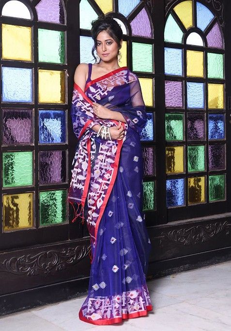 Blue Ethnic Motifs Muslin Saree Set