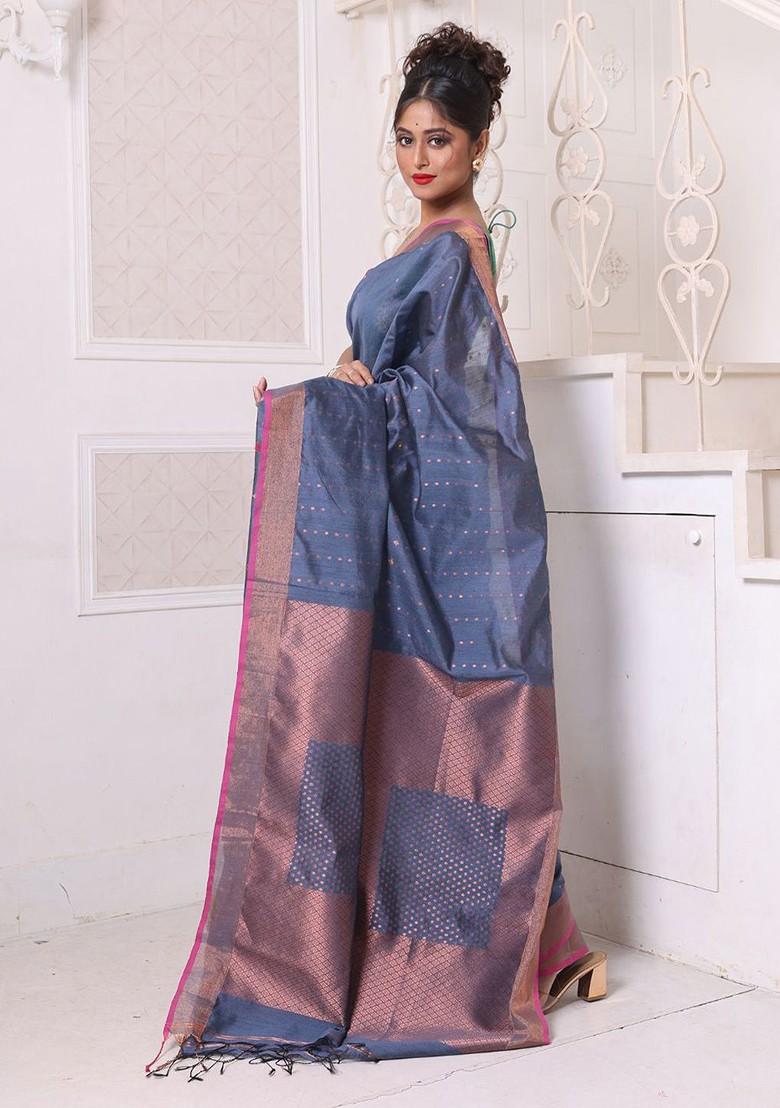 Grey Ethnic Motifs Cotton Blend Saree Set