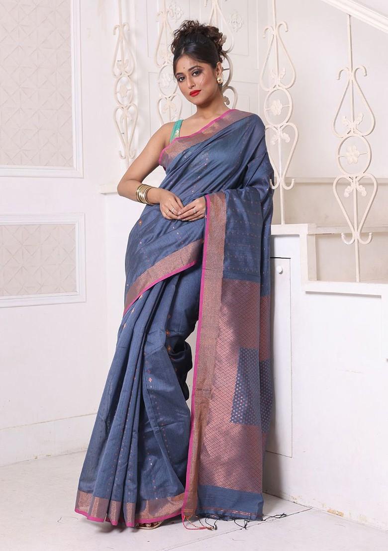 Grey Ethnic Motifs Cotton Blend Saree Set