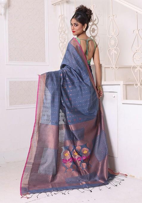Grey Ethnic Motifs Cotton Blend Saree Set