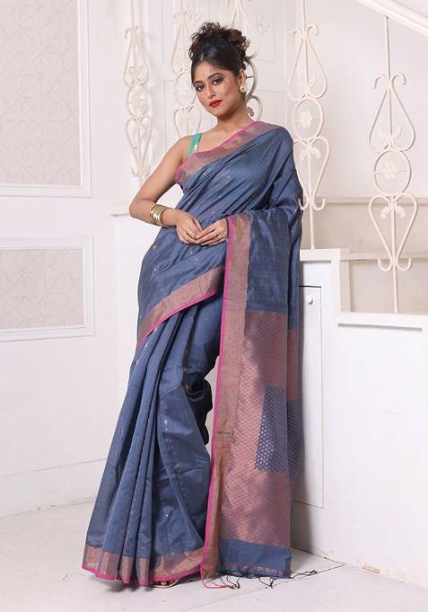 Grey Ethnic Motifs Cotton Blend Saree Set