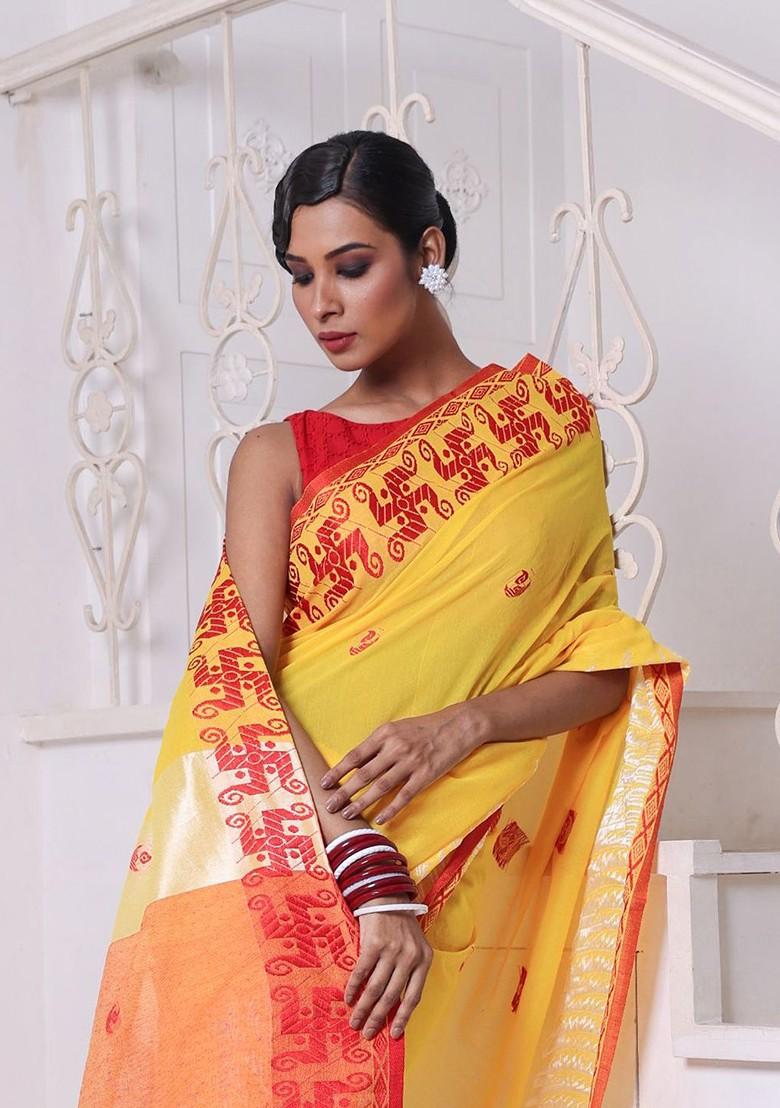 Yellow Ethnic Motifs Cotton Saree Set