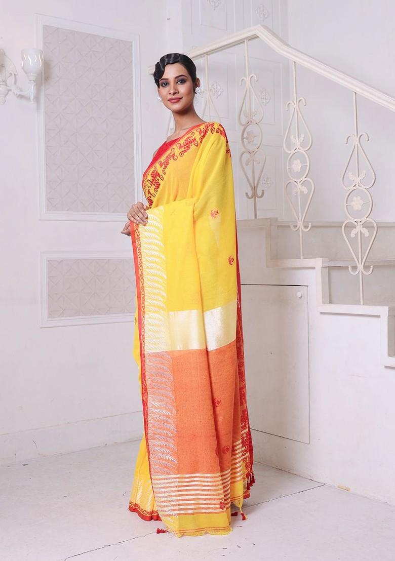 Yellow Ethnic Motifs Cotton Saree Set