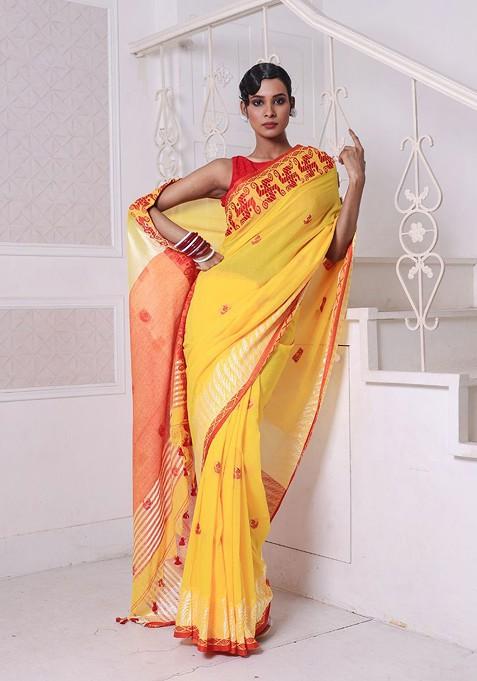 Yellow Ethnic Motifs Cotton Saree Set