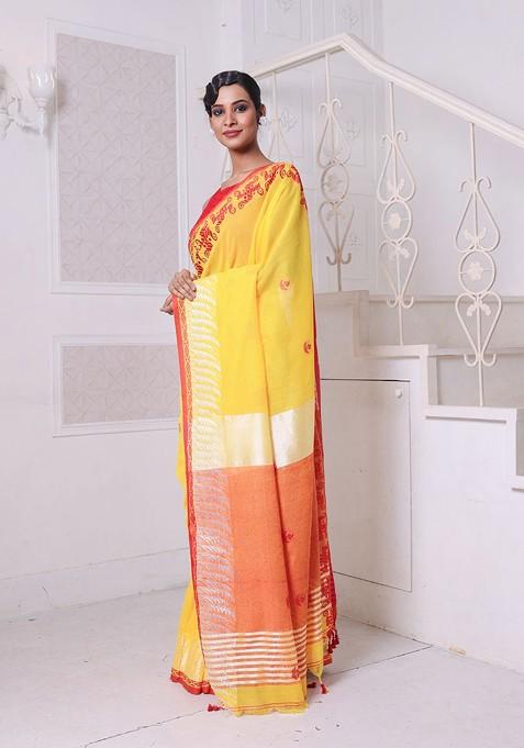Yellow Ethnic Motifs Cotton Saree Set
