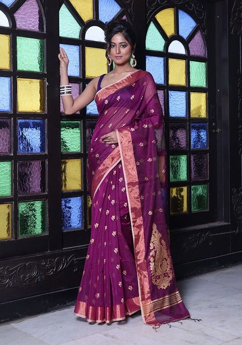 Purple Ethnic Motifs Cotton Blend Saree Set