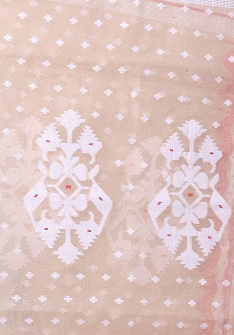 Beige Ethnic Motifs Cotton Jamdani Saree Set