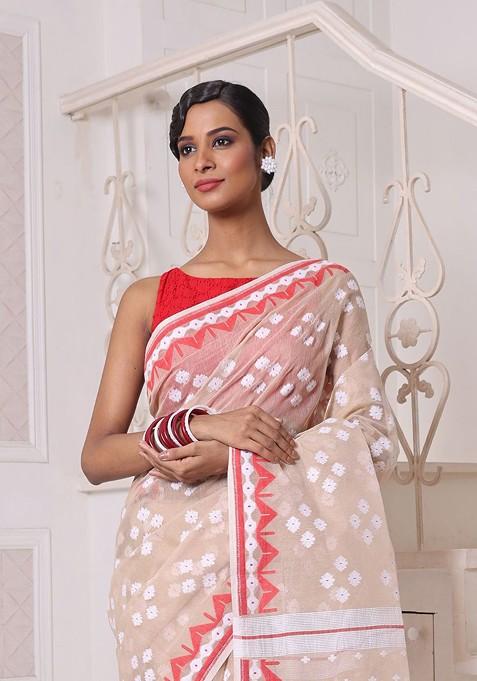 Beige Ethnic Motifs Cotton Jamdani Saree Set