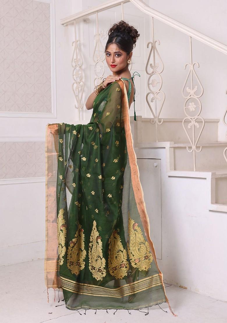 Green Ethnic Motifs Cotton Blend Saree Set